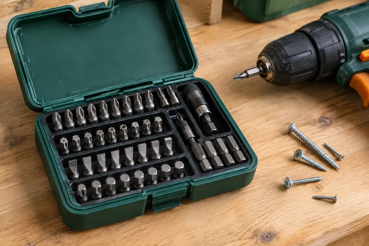 Coffret ouvert présentant plusieurs profils d’embouts de vissage rangés sur un établi