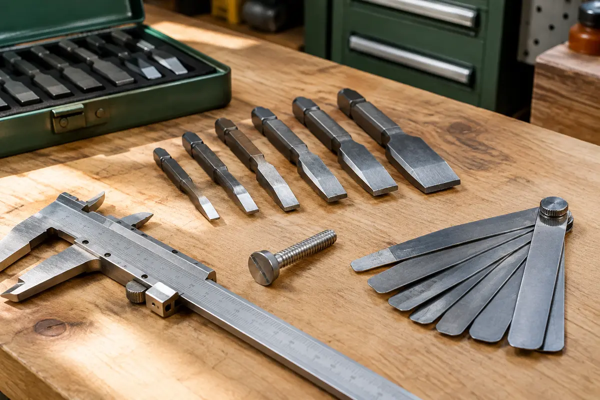 Vis à fente et embouts plats de différentes tailles comparés avec des outils de mesure