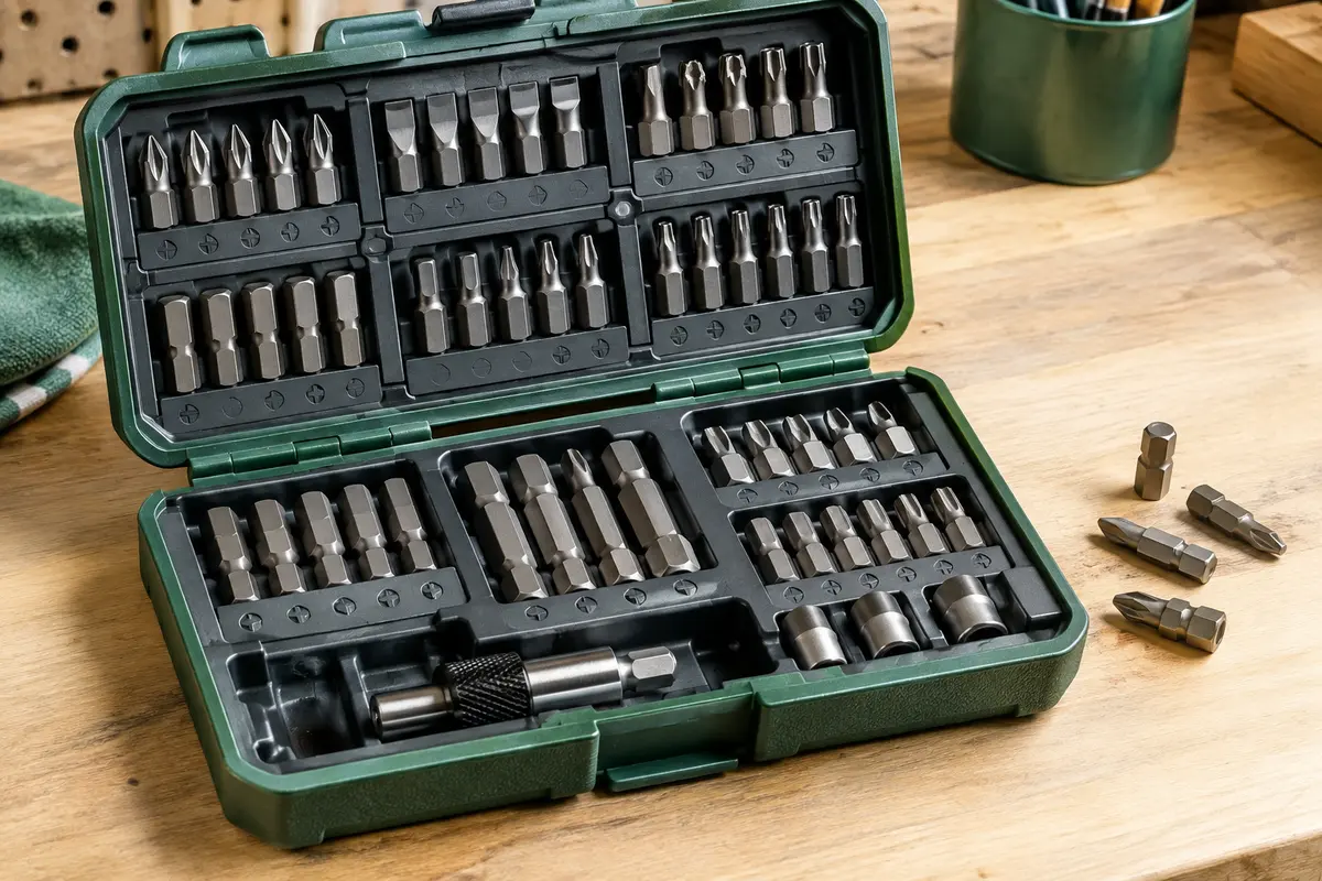 Coffret ouvert avec des embouts de vissage rangés par profil et par taille dans leurs compartiments