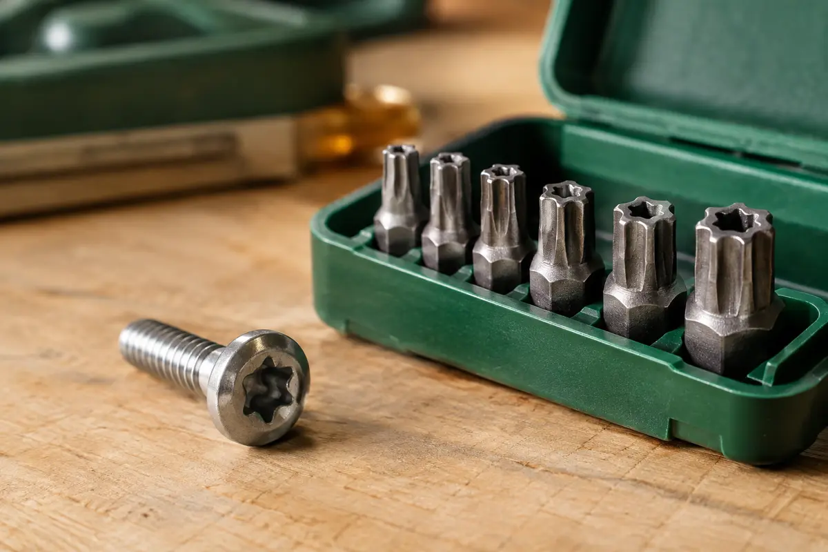 Vis à empreinte Torx et embouts de tailles différentes réunis sur un établi pour comparer leur ajustement