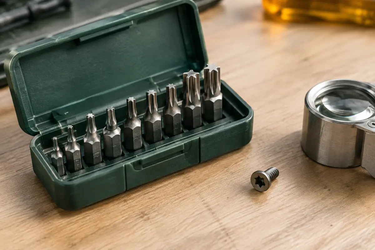 Embouts Torx de précision de plusieurs tailles rangés près d’une vis miniature et d’une loupe