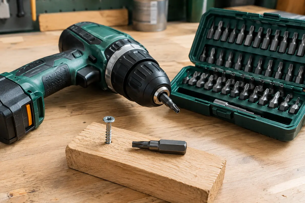 Visseuse classique, embout Torx à impact et vis Torx posés sur un établi