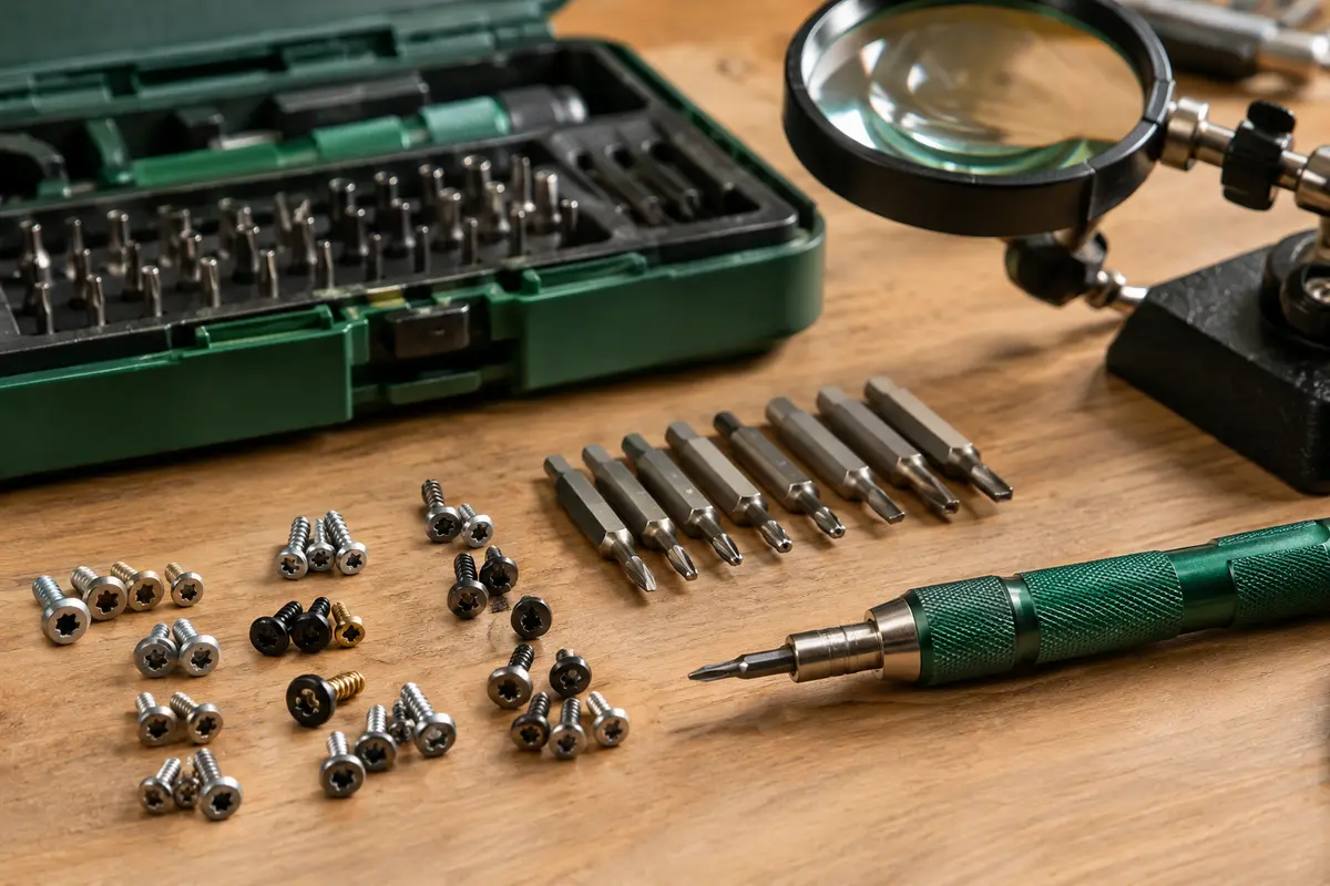 Petites vis de sécurité et embouts de précision alignés sur un établi avec une loupe d’atelier