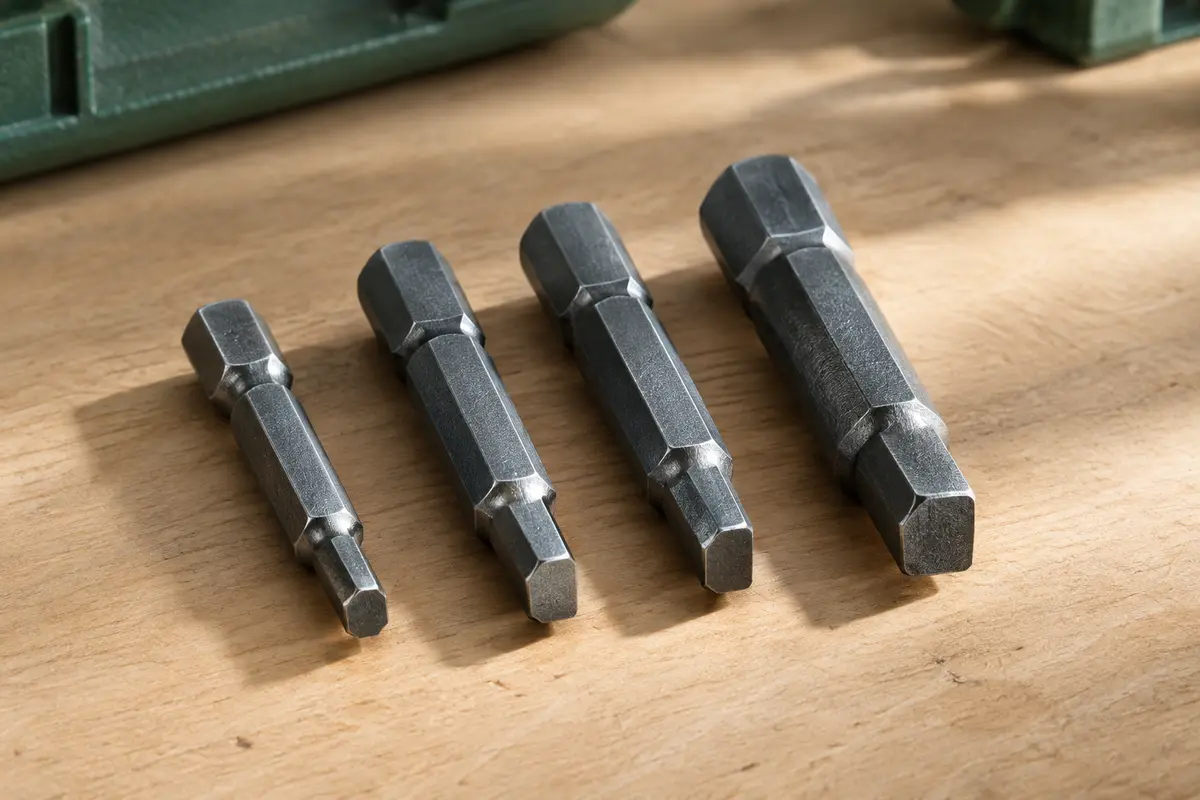 Quatre embouts métalliques carrés Robertson Barnwell alignés sur un établi en bois clair.