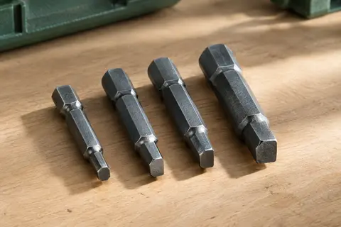 Quatre embouts métalliques carrés Robertson Barnwell alignés sur un établi en bois clair.