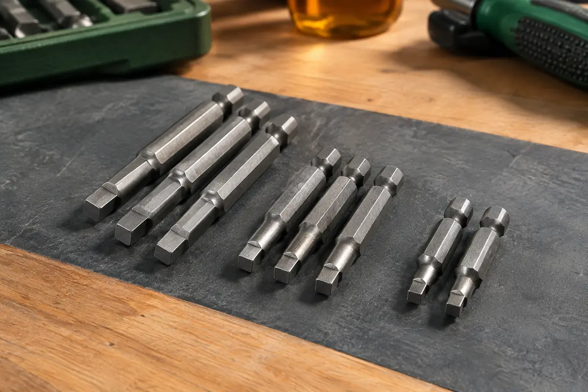 Neuf embouts carrés magnétiques en acier, rangés par profils sur un établi en bois clair.
