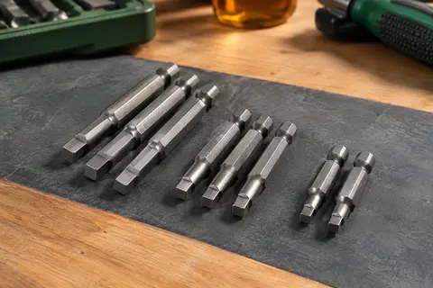 Neuf embouts carrés magnétiques en acier, rangés par profils sur un établi en bois clair.