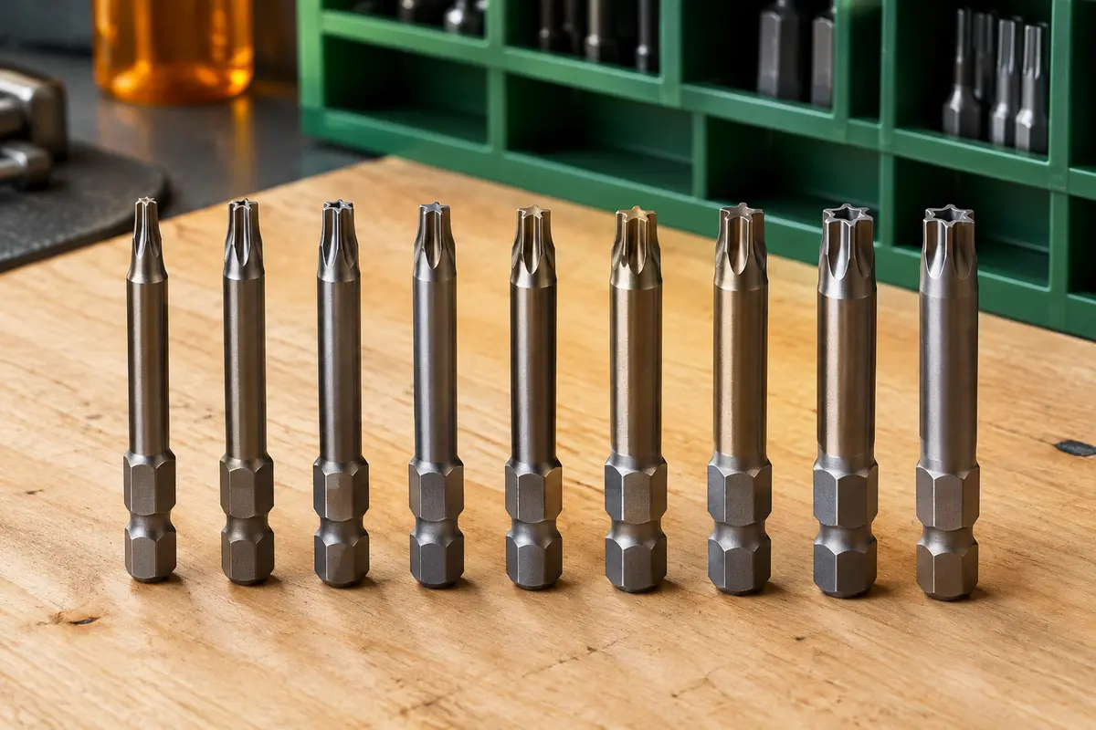 Huit embouts Torx en acier alignés sur un établi en bois clair, avec un support modulaire vert en arrière-plan