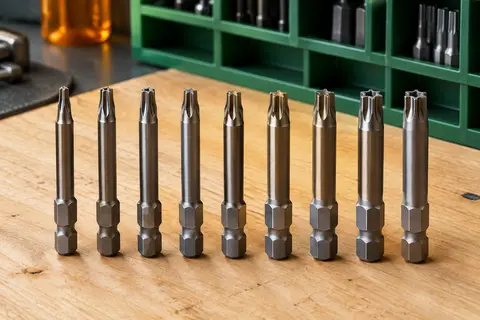 Huit embouts Torx en acier alignés sur un établi en bois clair, avec un support modulaire vert en arrière-plan