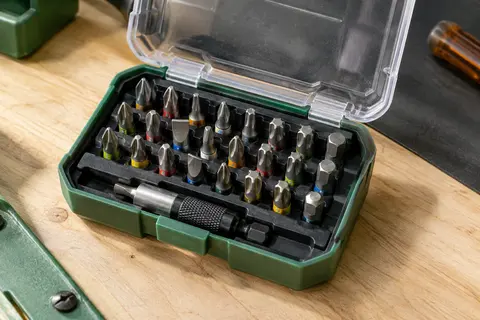 Boîtier compact ouvert présentant des embouts de vissage métalliques codés par couleur, rangés sur un établi en bois clair.
