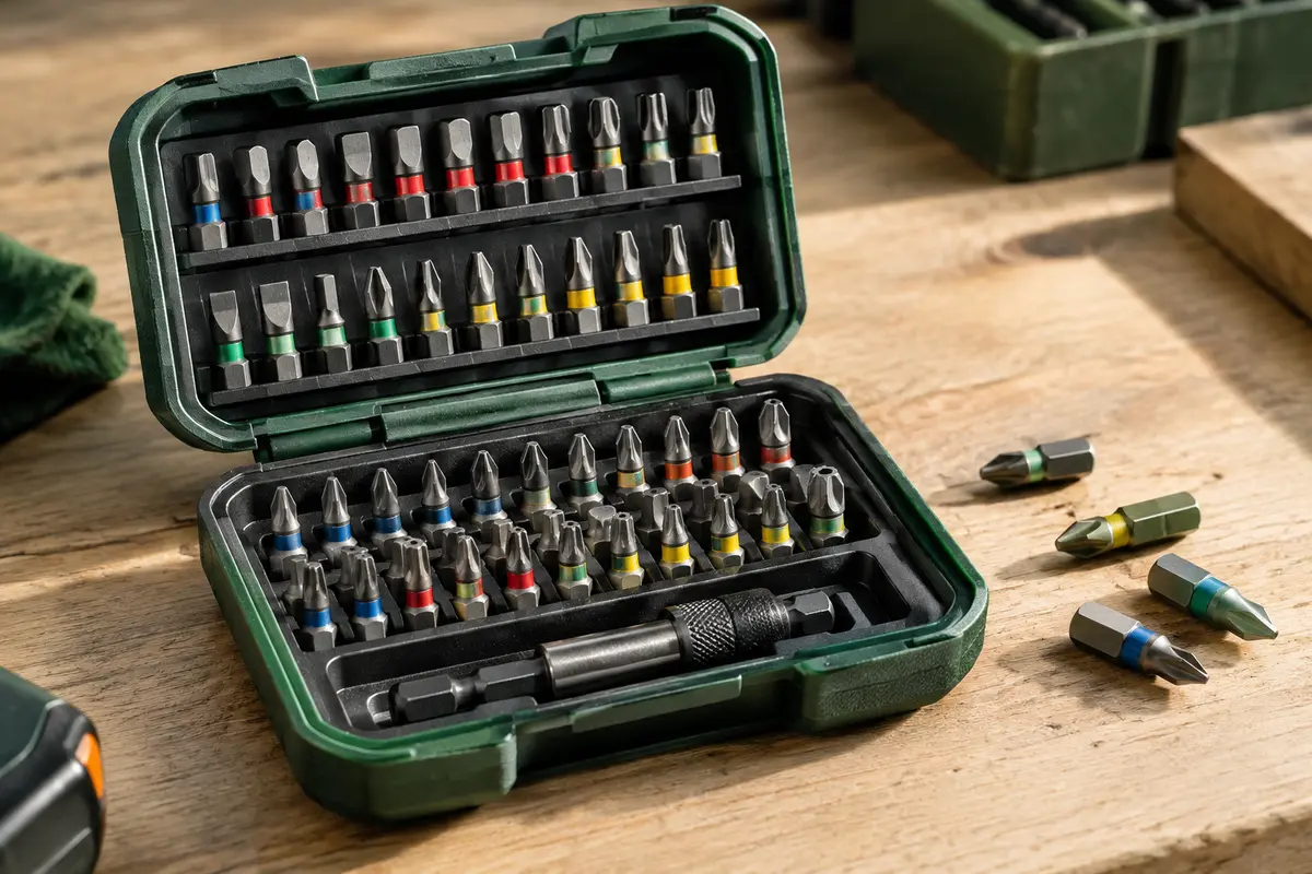 Coffret ouvert avec des embouts de vissage en acier rangés et repérés par couleur sur un établi