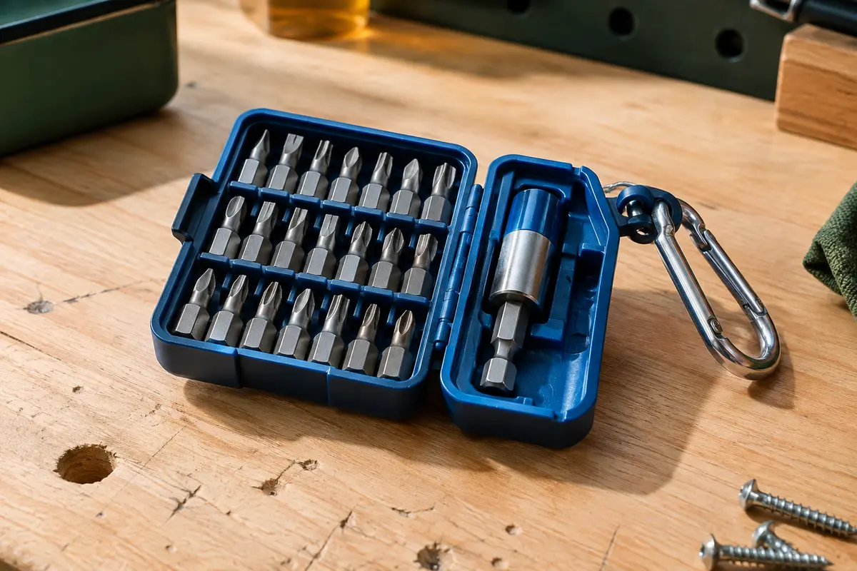 Assortiment bleu de 20 embouts de vissage avec porte-embouts magnétique et mousqueton sur un établi