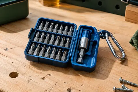Assortiment bleu de 20 embouts de vissage avec porte-embouts magnétique et mousqueton sur un établi