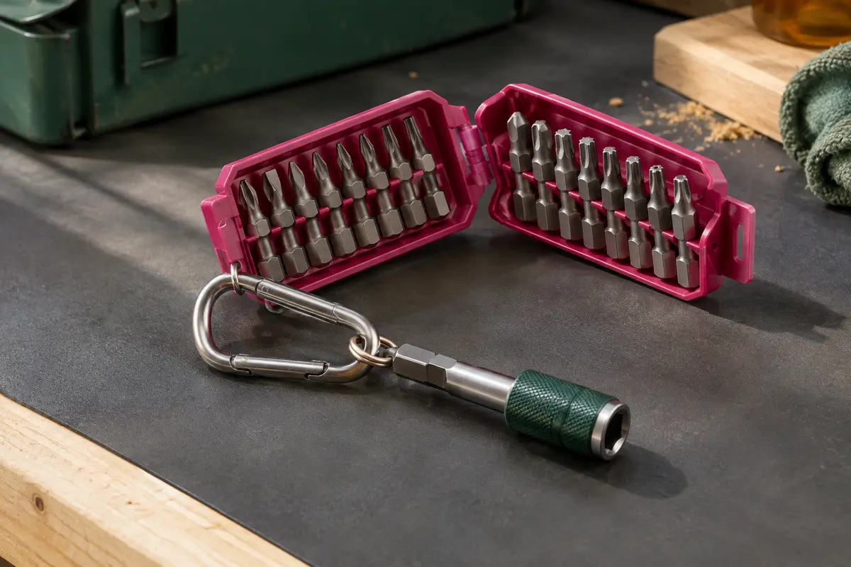 Coffret rose Bosch ouvert avec embouts de vissage variés, porte-embouts magnétique et mousqueton métallique.
