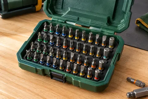 Coffret d’embouts Bosch Pro Impact ouvert, avec ses embouts en acier rangés sur un établi.