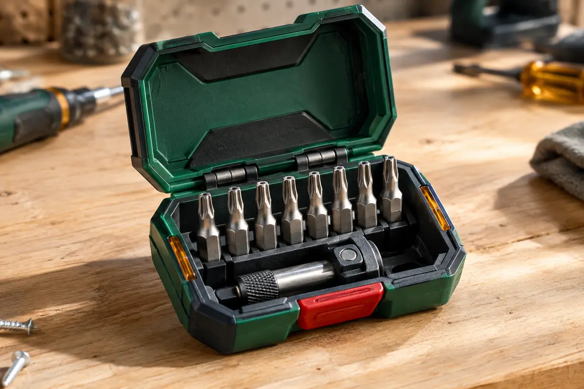 Coffret Bosch ouvert avec huit embouts Torx en acier rangés dans des clips personnalisables