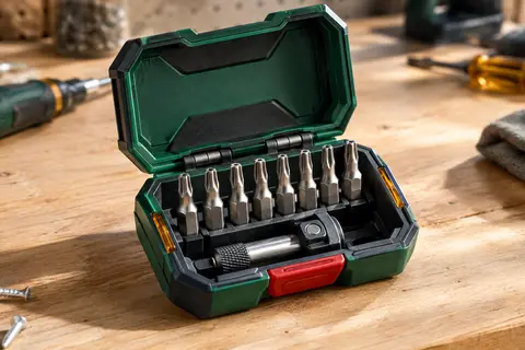 Coffret Bosch ouvert avec huit embouts Torx en acier rangés dans des clips personnalisables