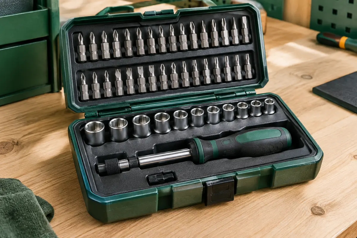 Coffret de vissage ouvert avec embouts et douilles métalliques rangés sur un établi en bois clair.