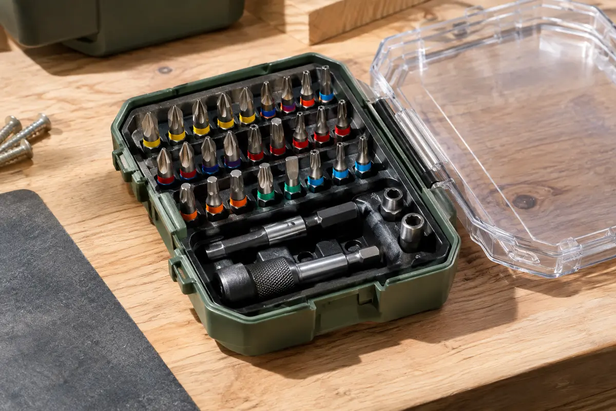 Coffret ouvert d’embouts métalliques à code couleur rangés sous un couvercle transparent