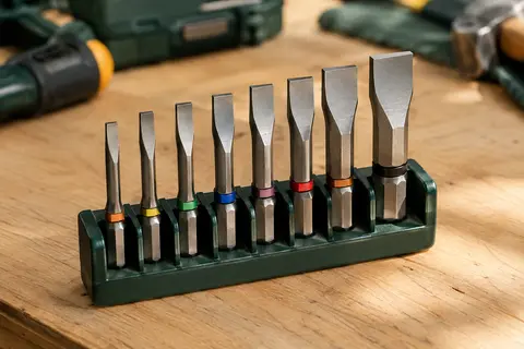Huit embouts plats en acier allié, de plusieurs largeurs, présentés sur leurs supports sur un établi.
