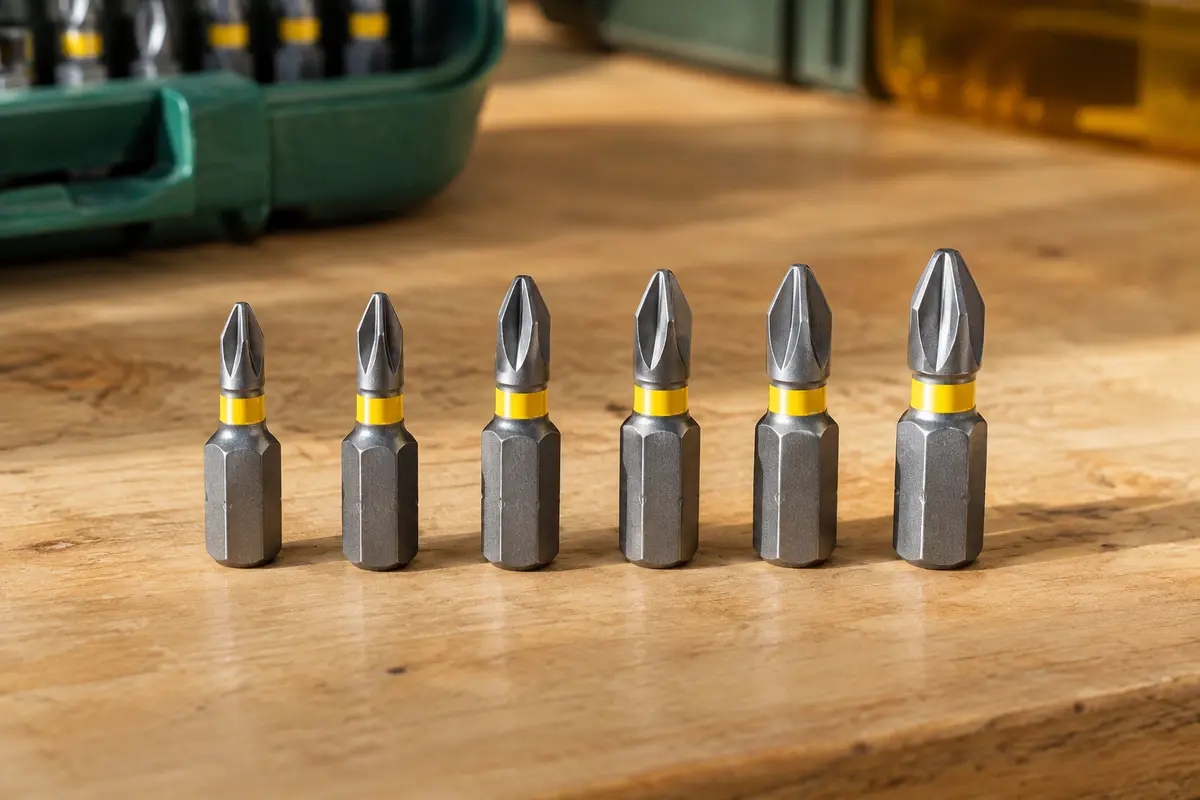 Six embouts PH en acier, avec repères jaunes, rangés sur un établi en bois clair.