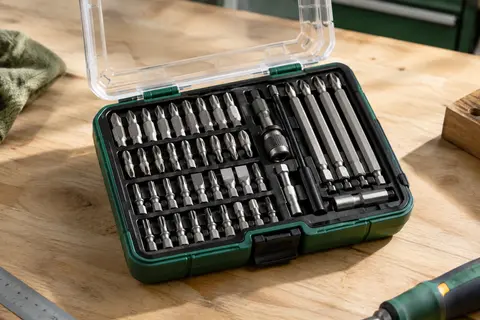 Coffret ouvert d’embouts Dewalt FlexTORQ argentés rangés dans un étui à couvercle transparent