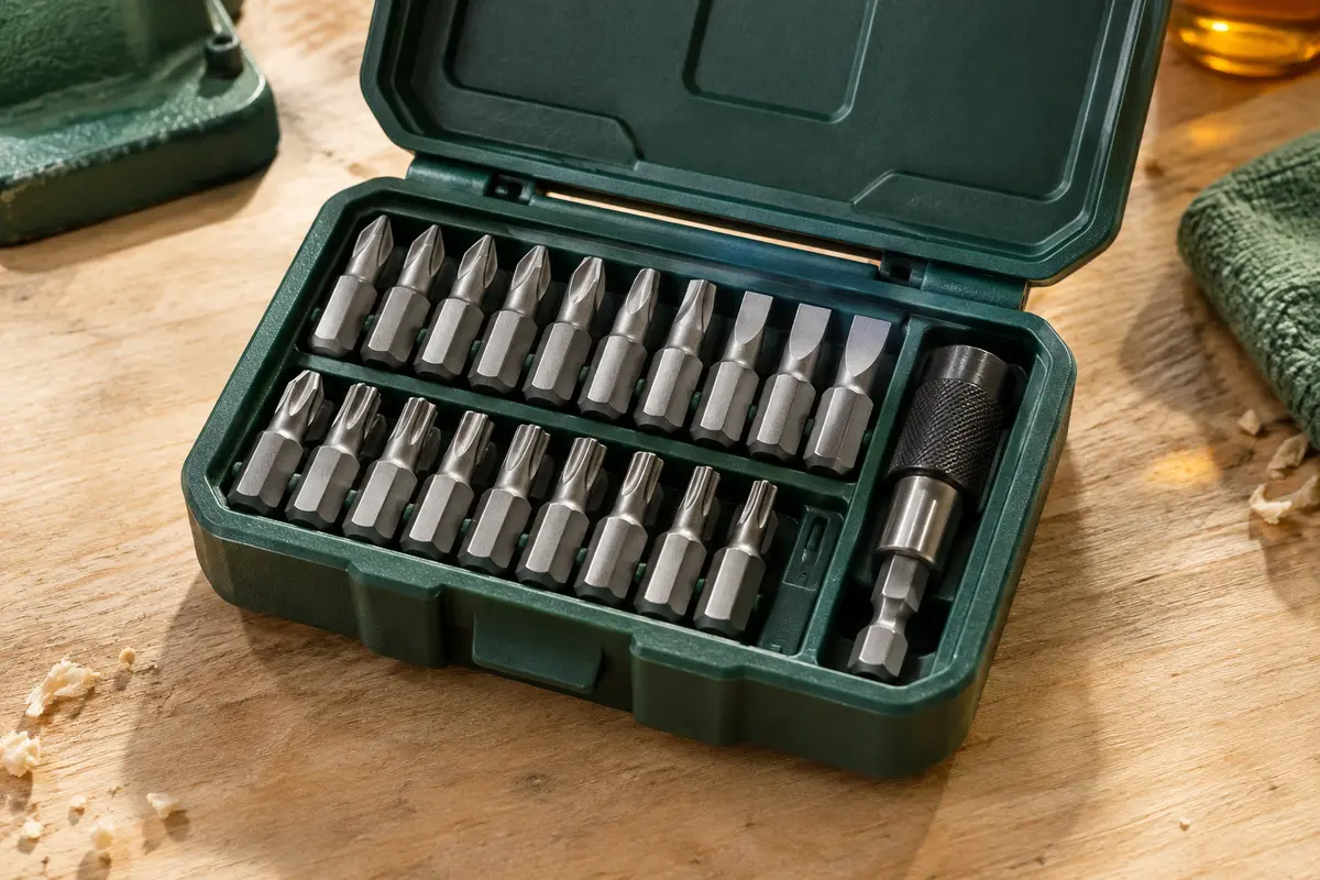 Coffret compact ouvert avec embouts métalliques PH, PZ, plats et Torx rangés sur un établi en bois clair