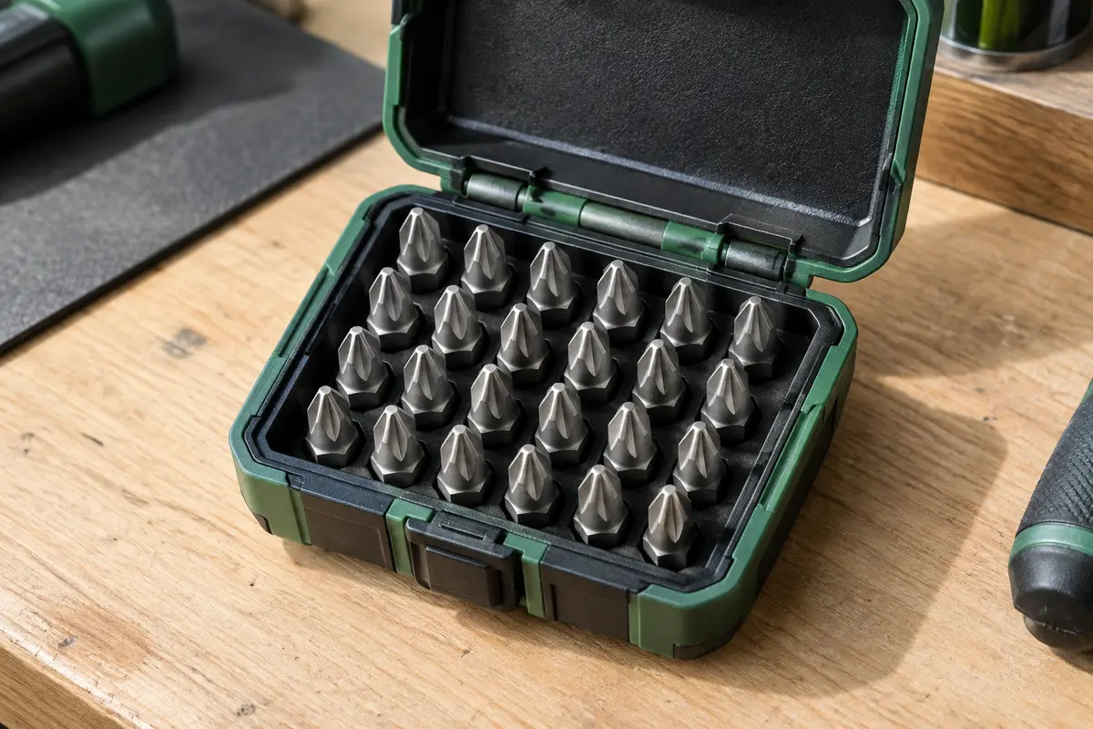 Coffret compact ouvert avec 25 embouts métalliques Pozidriv PZ2 de 25 mm rangés dans leur logement.
