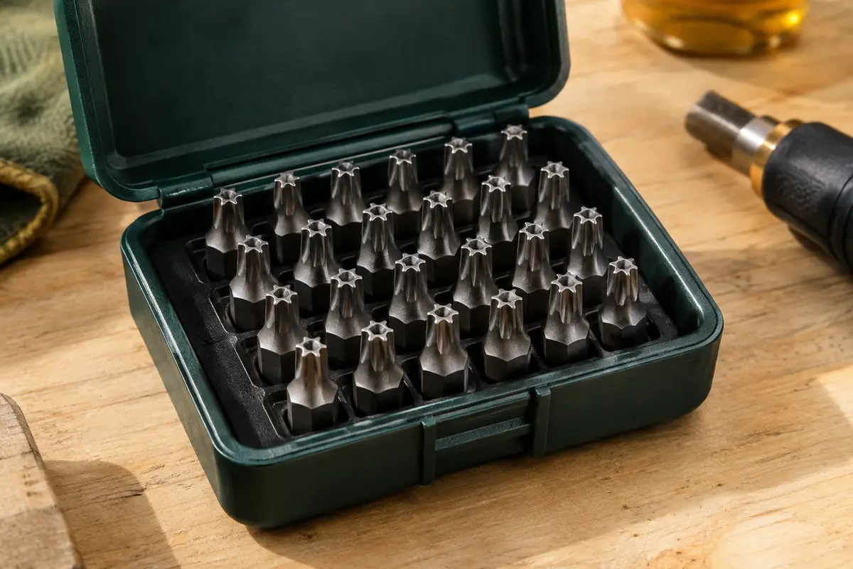 Coffret ouvert contenant 25 embouts métalliques Torx T20 rangés sur un établi en bois clair.