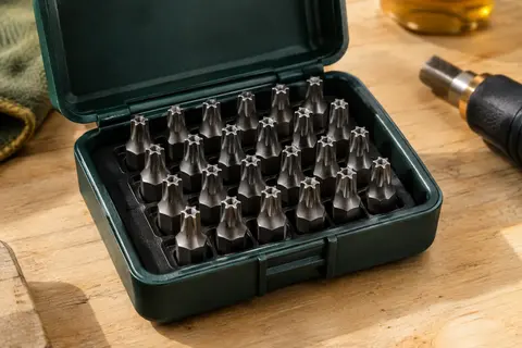 Coffret ouvert contenant 25 embouts métalliques Torx T20 rangés sur un établi en bois clair.
