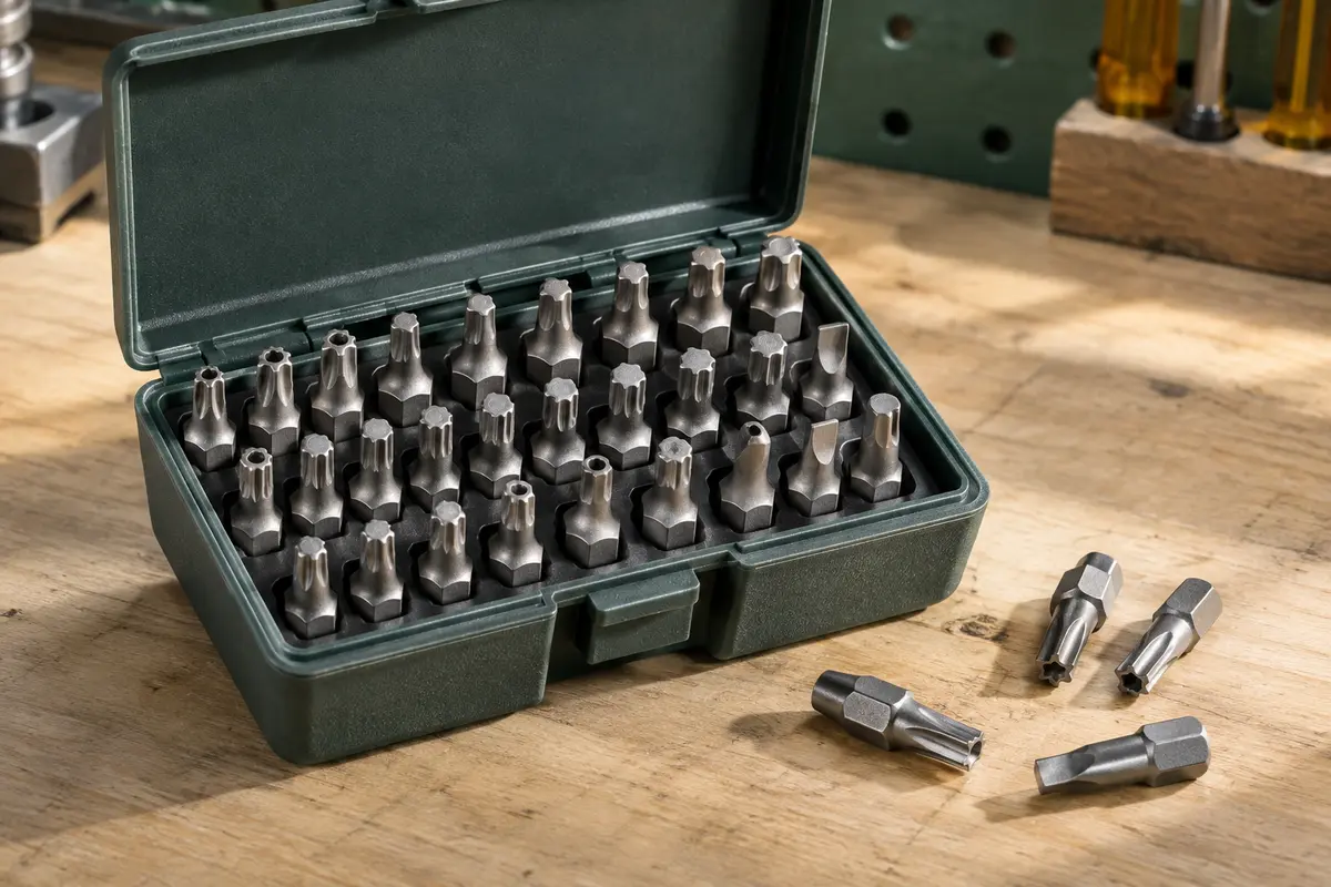 Coffret Draper ouvert avec ses embouts de sécurité métalliques rangés sur un établi en bois clair