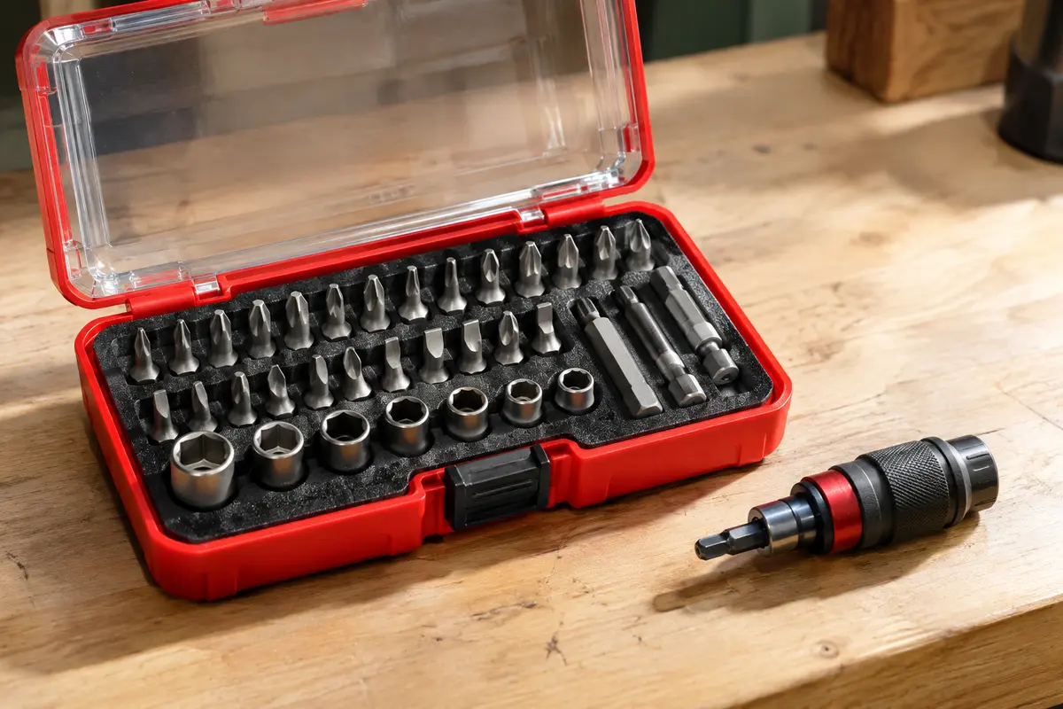 Coffret rouge ouvert avec couvercle transparent, embouts de précision et porte-embout rangés dans une mousse.