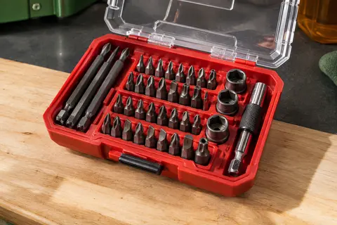 Coffret rouge ouvert avec embouts à impact de plusieurs longueurs, douilles magnétiques et porte-embout rangés