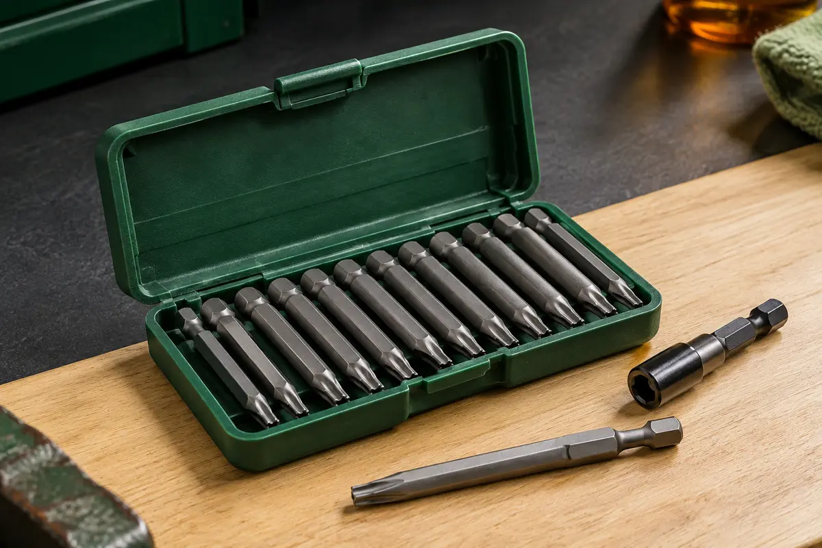 Coffret compact ouvert avec dix-huit embouts Torx T20 de 50 mm et porte-embout rangés sur un établi.