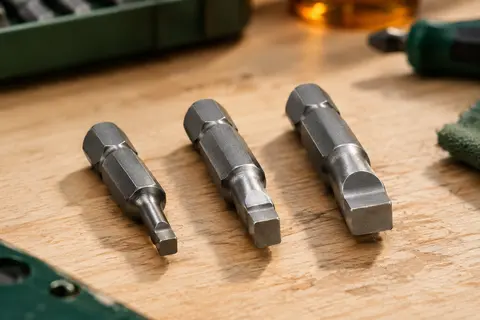 Trois embouts carrés magnétiques en acier, avec leurs profils SQ1, SQ2 et SQ3 visibles sur un établi.