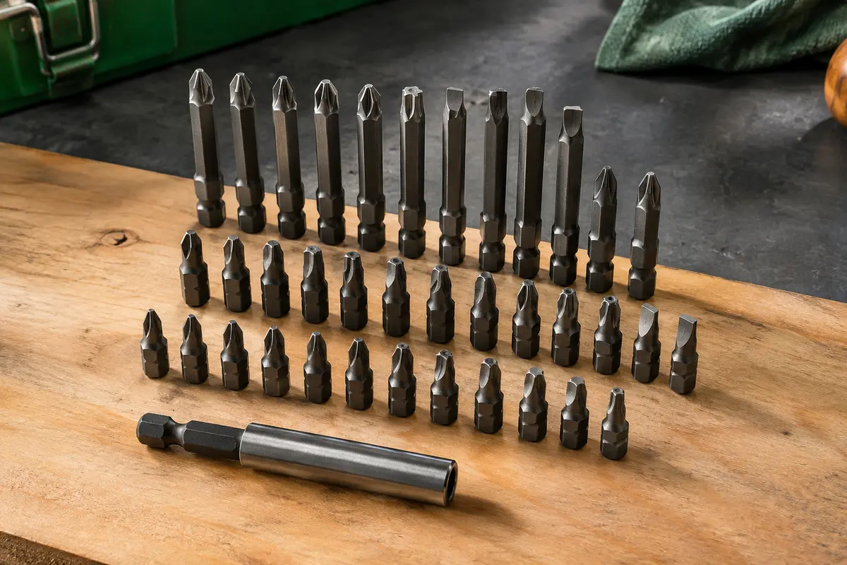 Embouts de vissage PH de plusieurs longueurs et porte-embout magnétique disposés sur un établi en bois clair.