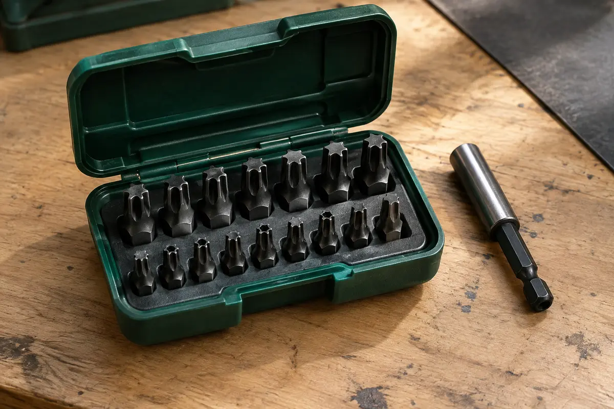 Coffret Geinxurn ouvert avec embouts Torx noirs rangés et porte-embout magnétique sur un établi en bois.