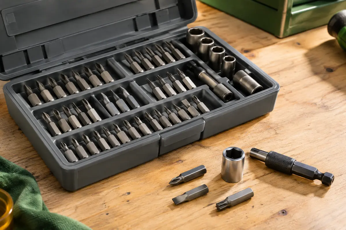 Coffret gris ouvert avec embouts en acier, clés à douille et porte-embout magnétique rangés sur un établi