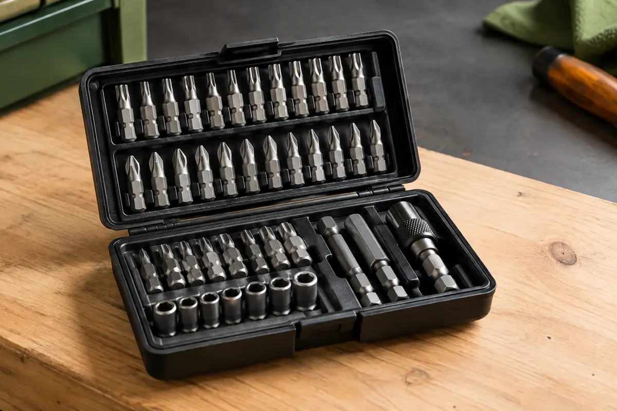 Coffret noir ouvert avec des embouts en acier rangés sur un établi en bois clair.