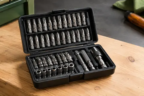 Coffret noir ouvert avec des embouts en acier rangés sur un établi en bois clair.