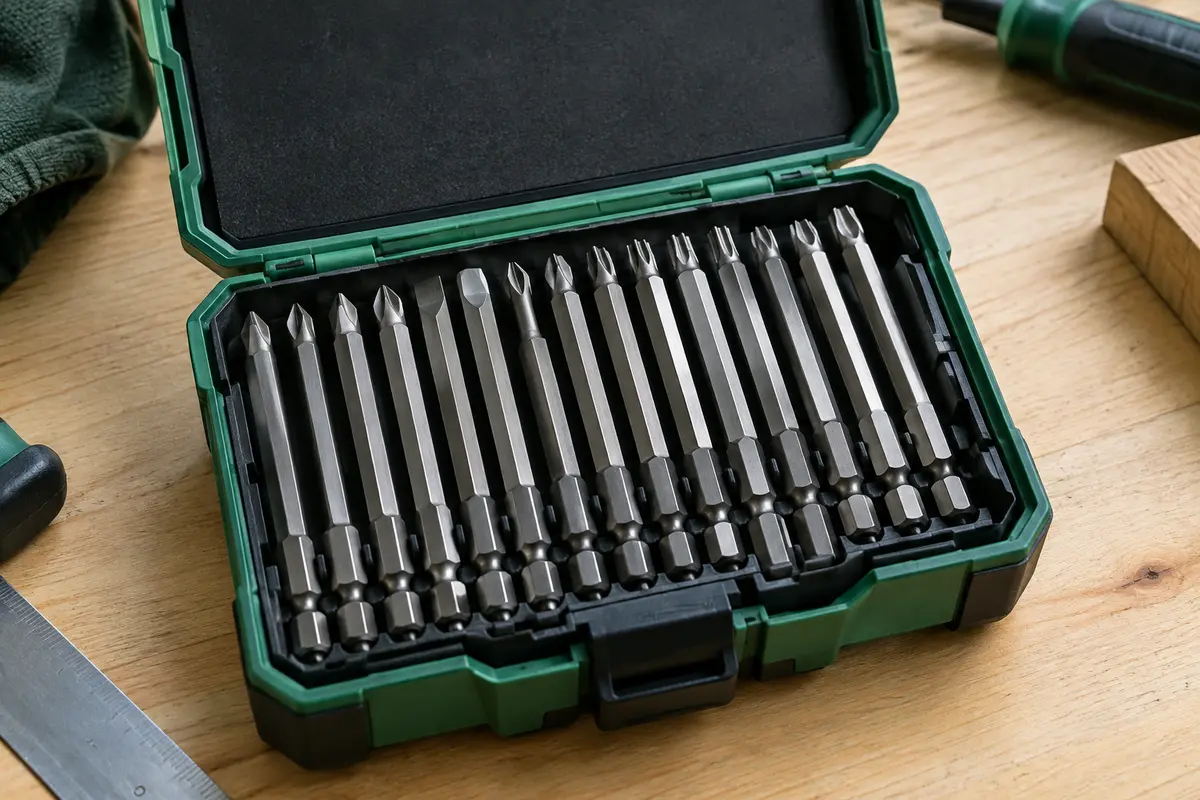 Coffret vert et noir ouvert avec 18 embouts longs en acier alignés sur un établi en bois clair