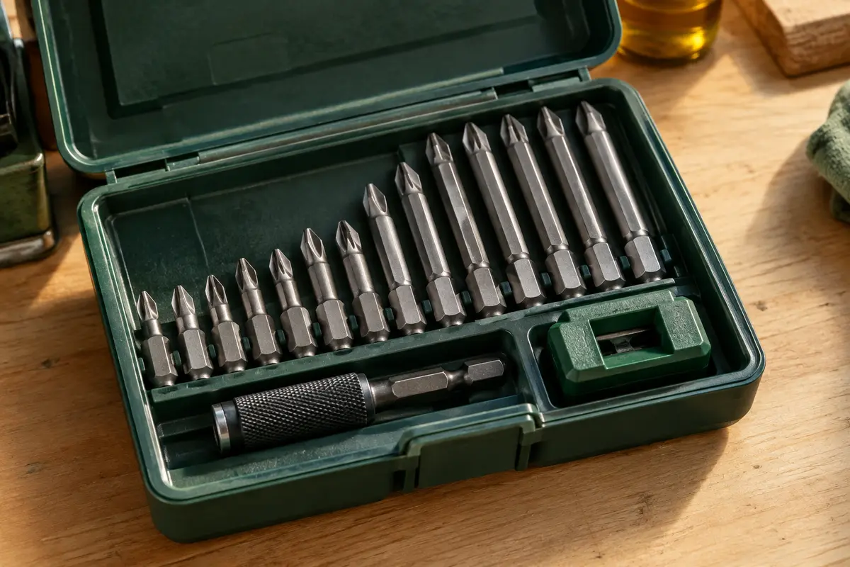 Coffret ouvert d’embouts PH aimantés de plusieurs longueurs, avec porte-embout et magnétiseur sur un établi.