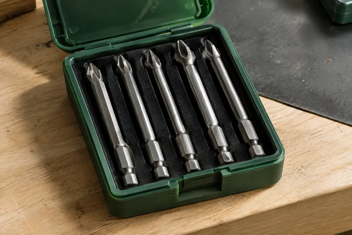 Coffret ouvert de cinq longs embouts JIS en acier, rangés sur un établi en bois clair.