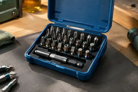 Coffret bleu ouvert avec embouts de sécurité en acier et extension magnétique sur un établi