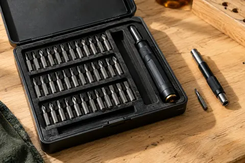 Coffret noir iFixit Moray ouvert, avec ses embouts de précision rangés dans la mousse et le manche posé à côté.