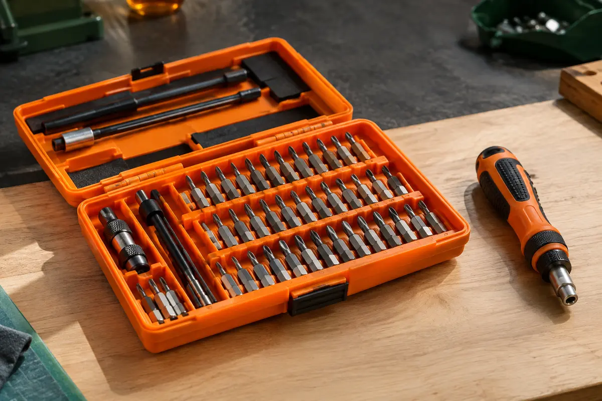 Coffret orange ouvert avec embouts de précision rangés et manche de tournevis sur un établi en bois clair