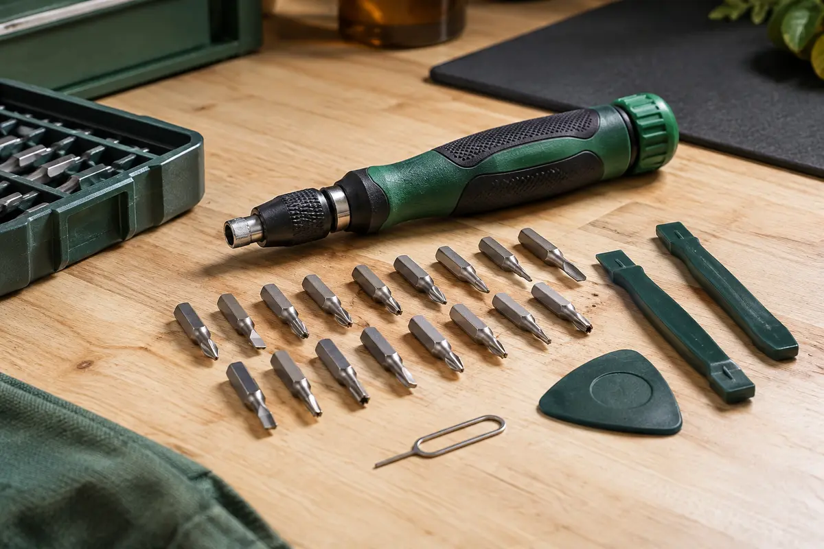 Kit de tournevis de précision avec manche rotatif, embouts métalliques et accessoires posés sur un établi