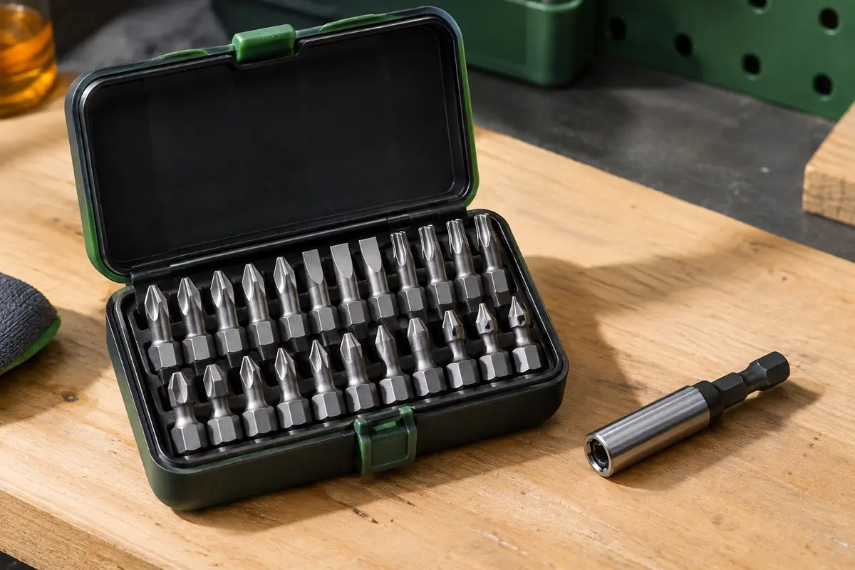 Coffret ouvert Katur avec embouts de sécurité argentés et porte-embout magnétique rangés sur un établi