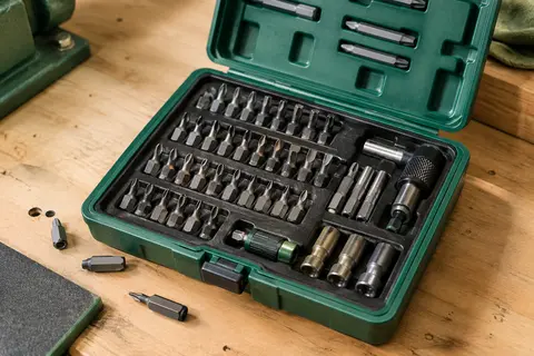 Coffret KS Tools ouvert avec embouts de vissage rangés, porte-embout et accessoires sur un établi