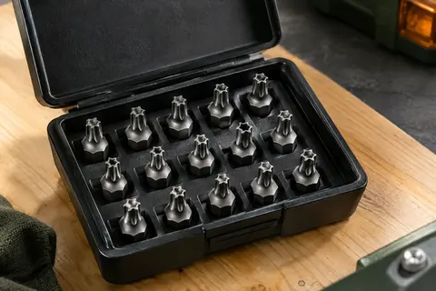 Coffret noir ouvert avec 15 embouts Torx métalliques rangés sur un établi en bois clair